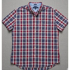 Tommy Hilfiger Red & Blue Plaid Button-Down Short-Sleeve Shirt Size L Cotton Men